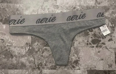 NUEVO CON ETIQUETAS BRAGAS TANGA RARAS AERIE AMERICAN EAGLE PEQUEÑO GRIS LOGO CINTURA GRUESA Foto 1 de 3