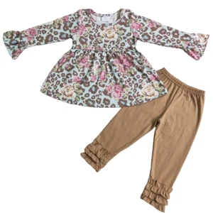Girls Long Sleeve Top Pants Set 2 Pcs Outfits Floral Leopard Print - Picture 1 of 14