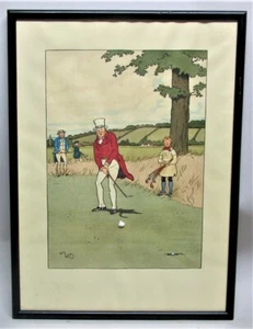 Antique Watercolor Stencil Painting of Golfers  CHARLES EDMOND HERMET  c. 1920s - Imagen 1 de 7
