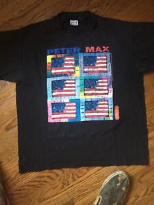 Peter Max  t shirt Hand Signed And Dated To Phil Flag With Heart USA Rare