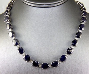 Natural Oval Blue Sapphire & Diamond Tennis Necklace 14K White Gold 82.88Ct - Picture 1 of 6