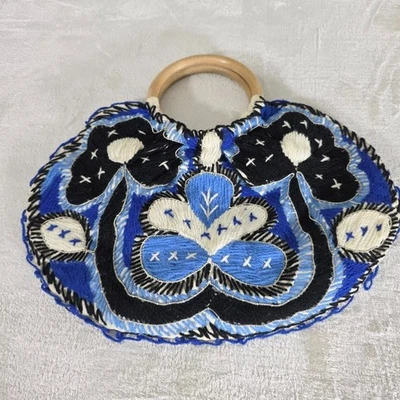 Handbag Embroidered Made in Portugal Reversible Wood Handles Blue White Floral - Image 1 of 4