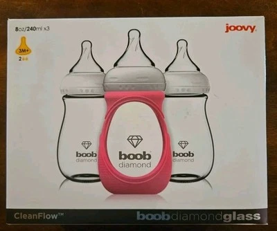 3 NUEVOS biberones Joovy CleanFlow Boob de vidrio diamante 8 oz con manga rosa 2179 Foto 1 de 2