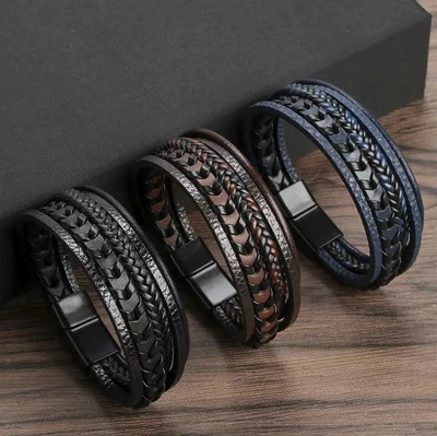1pc Men’s Multilayer Leather Rope Bracelet Alloy Magnetic Buckle Bangle - NEW - Image 1 of 4