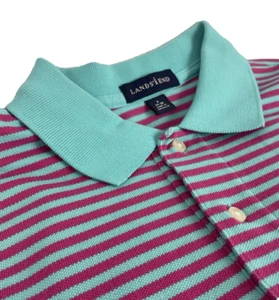 LAND'S END Short Sleeve Polo Shirt Mens Small Green Red Striped 100% Cotton - Picture 1 of 13