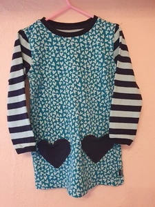 Gr. 104/110 Kleid warm Jako-o türkis Herz Streifen - Bild 1 von 3