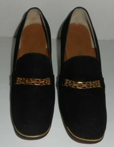 DELMAN Vintage Loafers Black Suede Gold Chain Trim Size 7-1/2B Heels 146308 - Picture 1 of 12
