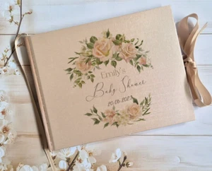 PERSONALISED BABY SHOWER FLORAL ROSES GUEST BOOK, GOLDEN BEIGE MEMORY ALBUM - Picture 1 of 2