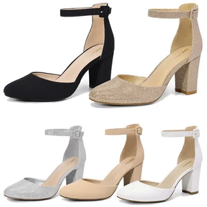 Women's High Heel Pumps Chunky Block Heels Ankle Strap Round Toe Dress Pumps - Picture 1 of 25