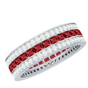3 CT Princess Ruby and Moissanite Wedding Band 18K White Gold Plated - Picture 1 of 4