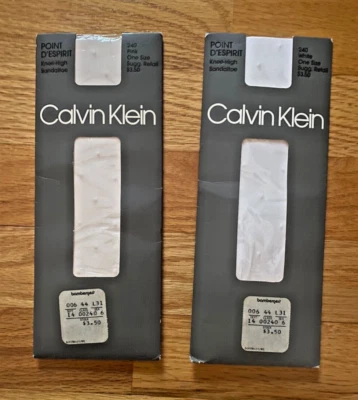 Lot of 2 Vintage 1985 Calvin Klein Knee High Nylons Pink/White Point D'Espirit 9 - Image 1 of 4