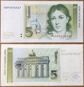 Ⓜ️💥 5 Deutsche Mark ☘️ 1.August 1991 DM 💥 Schein Bundesbank 🍄 Y0976765A7 💥🌐 - Bild 1 von 3