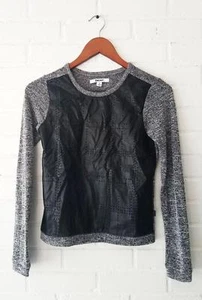 *DKNY* Perforated Faux Leather Sweater Gray Marled Shirt TOp sweater PUllover L - Picture 1 of 2