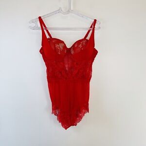 Fredericks Of Hollywood Size L 14 Red Lace Mesh Bodysuit Teddy Lingerie