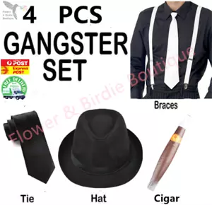 Mens 1920s 20s Party Gangster Set Hat Braces Tie Cigar Gatsby Costume 4pc kit AU - Picture 1 of 5