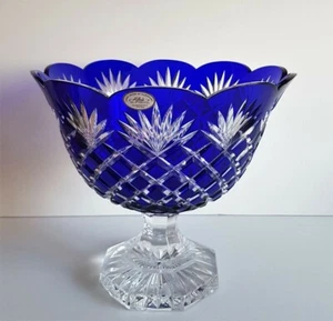 AJKA FABERGE ODESSA BOWL, COBALT BLUE CUT TO CLEAR LEAD CRYSTAL FOOTED CENTERPIE - Picture 1 of 8