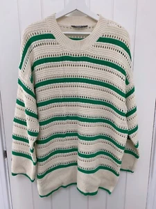 Nutmeg Womens Knitted Cotton Pointelle Beige Green Stripe Jumper BNWT Size 18 - Picture 1 of 5