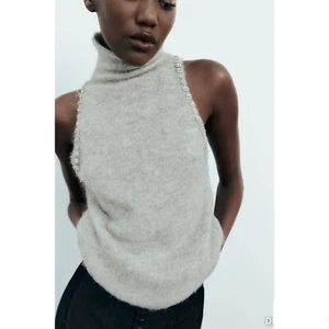 Zara Jewel Rhinestone Trim Stretch Knit Mock Neck Sleeveless Tank Top Medium - Picture 1 of 11