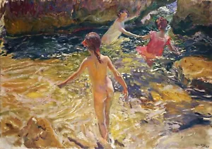 The Bath, Javea Painting by Joaquin Sorolla y Bastida Reproduction - Picture 1 of 3