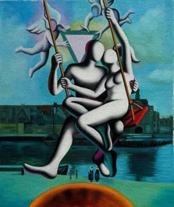 Elysian Heights Mark Kostabi ÖLGEMÄLDE auf Leinwand Paar UNIKAT 26x31 - Bild 1 von 1