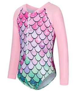 uideazone Girls Long Sleeve Mermaid Zipper One Piece Swimsuit Rashguard with ... - Picture 1 of 2
