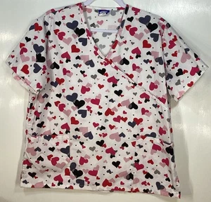 Scrub Top Damen S kleine Herzen Valentinstag Uniform weiß rosa grau schwarz - Bild 1 von 5