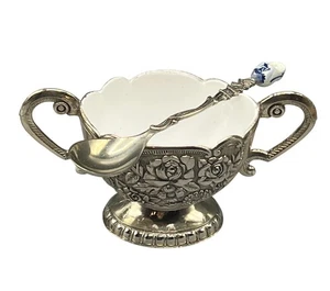 Pedestal Sugar Mustard Bowl with Dutch Spoon Enamel Lining Dish Silver Toned - Picture 1 of 14
