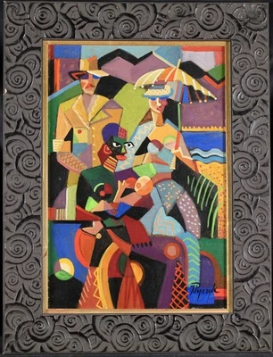 JOZEF POPCZYK (1890-1971) LARGE SIGNED FRENCH CUBIST OIL - ELEGANT FIGURES BEACH - Image 1 of 4