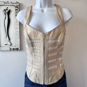 Vintage 90s SHAPE FX Womens Leather Bustier Corset Top Crochet Stretch Size 10 - Picture 1 of 14