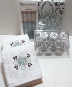 Medaillon Schimmer Blau Traditionell Badezimmer Duschvorhang Handtücher & Haken NEU - Bild 1 von 8