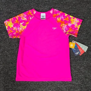 Speedo Top Girls Medium Pink Short Floral Sleeve UV50 Blocktheburn Swim Shirt - Picture 1 of 9