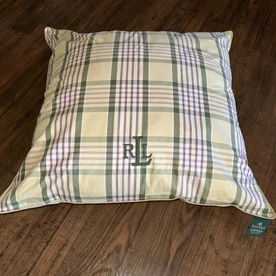 Travesseiro Ralph Lauren verde amarelo roxo xadrez 24" logotipo euro bordado - Imagem 1 de 4