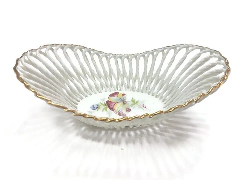 Vtg ROMANIA Floral Porcelain Sugar Wire Basket Bowl GOLD Trim Oval Shape 6.4in Cover