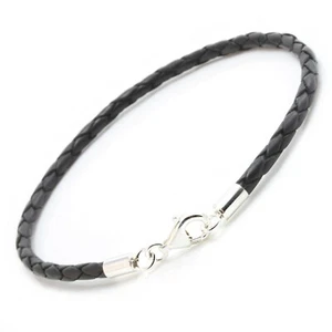 Cuero Negro Pulsera Wristband-Sterling Plata Clasp-Real 3mm Trenzado Cuero - Imagen 1 de 5