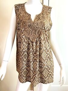 FADED GLORY SLEEVELESS TOP CROCHET BROWN WHITE 16 W 1X NEW WITHOUT TAGS BOHO