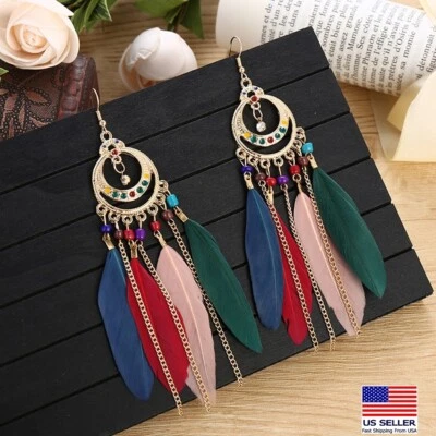 Fashion Women Bohemian Vintage Earrings  Feather Beads Hollow Moon Tassel 1483 - Image 1 of 4