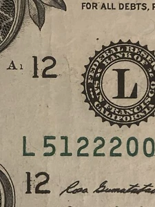 Bold Serial Number, Off Center, Raised “0”, 2009 Series $1 Bill, VF-20 Condition - Picture 1 of 11