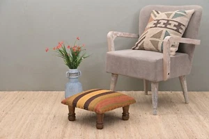 Handcrafted Acacia Wooden Footstool | Low Kilim Upholstered Footstool Ottoman | - Picture 1 of 5