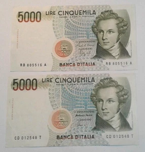 N.2 BANCONOTA 5000 LIRE BELLINI-D.M 4 GENNAIO 1985 -SPL QUASI FDS - Foto 1 di 2