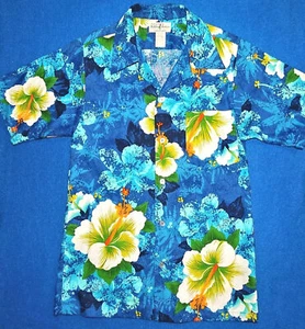 HUKILAU HAWAIIAN SHIRT VTG L S 36" BARKCLOTH BLUE CREAM FLORAL BOYS 'L'? MENS"S" - Picture 1 of 7