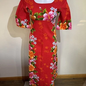 Vintage Ui Maikai Barkcloth Cotton Aloha Hibiscus Dress Hawaiian Empire Waist - Picture 1 of 9