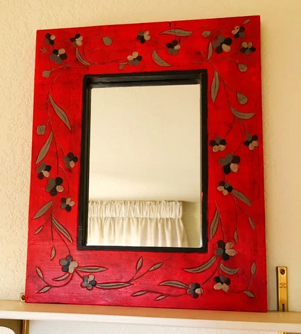 20" x 16" Hand Painted French Country Mirror Flowers Colors Red Gray Cream Black Cover