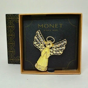 Monet Gold Tone Enameled Angel Brooch Pin Rhinestone Wings Original Box - Picture 1 of 4