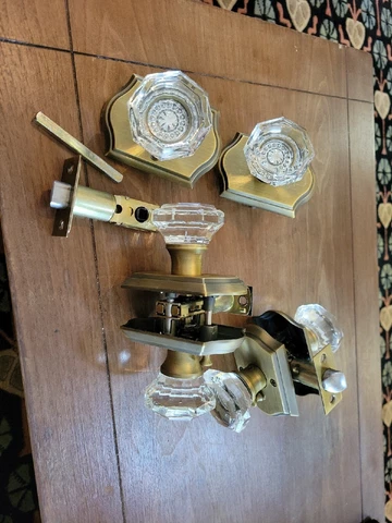 3 Sets Of Clear And Brass Door Handles Vintage Antique Style Cover
