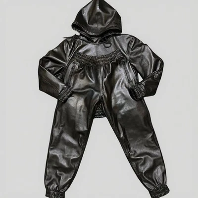 Conjunto de chándal con capucha y joggers de cuero 100 % piel de cordero negro real para hombre Foto 1 de 4
