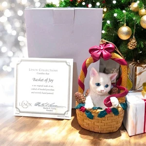 Lenox “Basket of Joy” Ornament White Cat Red Ribbon 2001 NIB w COA - Picture 1 of 8