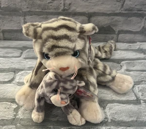 2 Ty Beanie Buddy/Baby silber die Katze grau gestreift 11" 1999 nicht mehr produziert mit Etikett - Bild 1 von 7