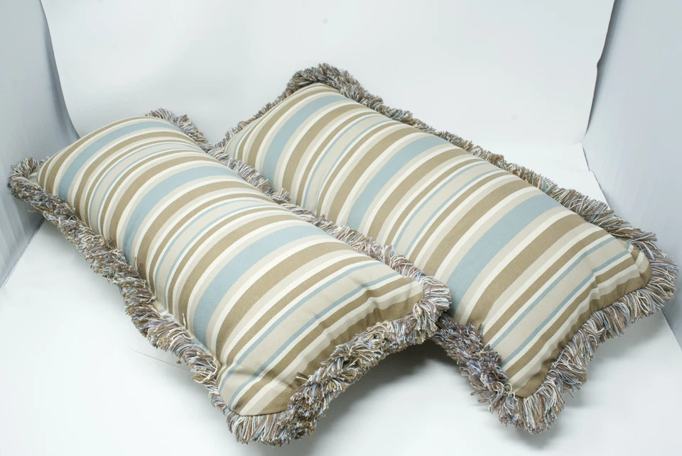 Patio Outdoor Striped set of 2 Lumbar Pillows 20” With Fringe Edges ,Hampton Bay - Image 1 of 4
