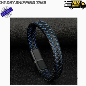 Herren Echt Leder Geflochten Armband Schwarz Armreif mit Edelstahl Verschluss - Bild 1 von 5