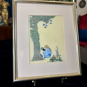 Vintage gerahmter Mädchen Lesedruck Bilderbuch Stil Illustration Kunst für Kinderzimmer - Bild 1 von 9